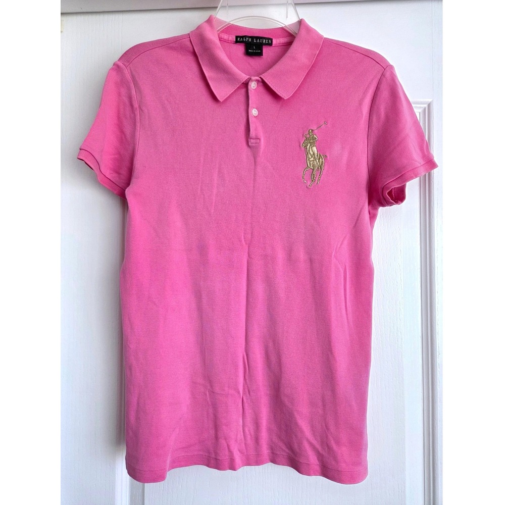 VTG Ralph Lauren Pink Mercerized Cotton Polo Shirt Big Pony Gold Logo Sz L Flaws